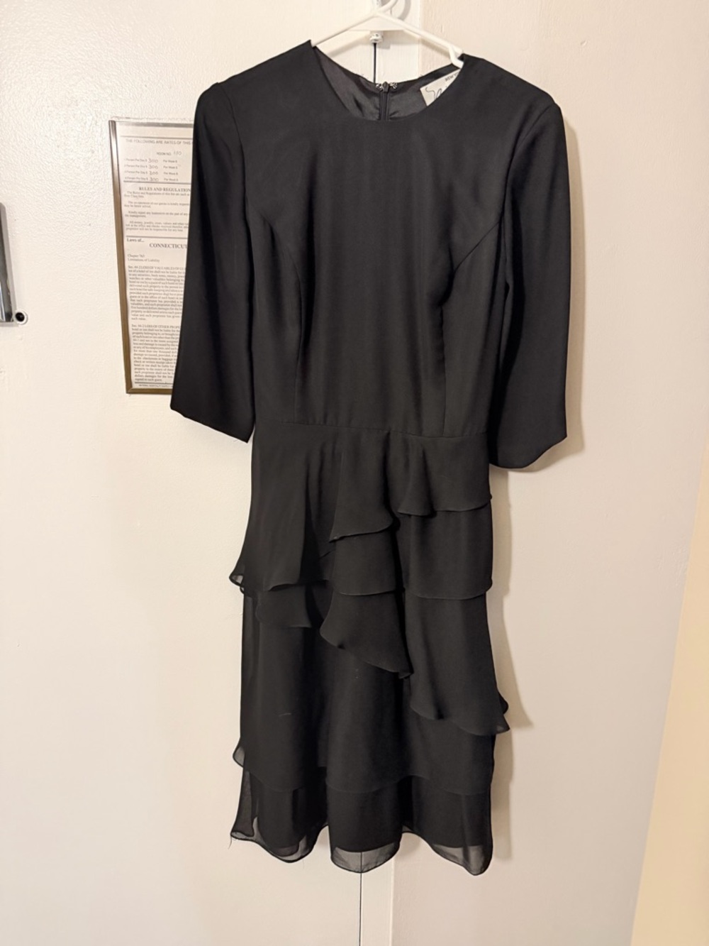 Vintage Black Tiered Ruffle Midi Dress with 3/4 Sleeves